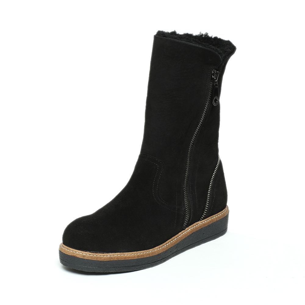 Hush Puppies/暇步士冬季专柜同款黑色牛皮/羊毛皮中筒靴女休闲靴HGH68DS6