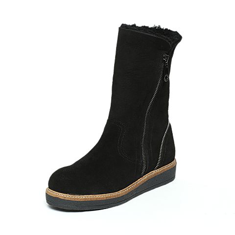 Hush Puppies/暇步士冬季专柜同款黑色牛皮/羊毛皮中筒靴女休闲靴HGH68DS6