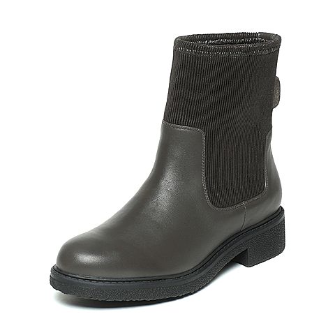 Hush Puppies/暇步士冬季专柜同款啡色牛皮/布中靴简约女休闲靴Z1J01DZ6