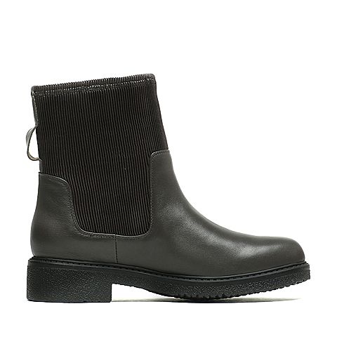 Hush Puppies/暇步士冬季专柜同款啡色牛皮/布中靴简约女休闲靴Z1J01DZ6