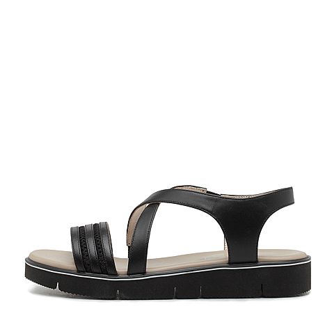 Hush Puppies/暇步士夏季专柜同款黑色小牛皮/布面交叉条带套脚纯色平跟时尚舒适女凉鞋HLC05BL7