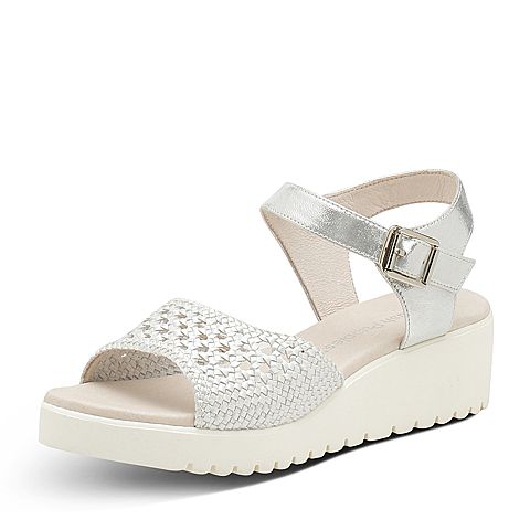 Hush Puppies/暇步士夏季专柜同款白/银色编织镂空坡跟简约女凉鞋HLK03BL7