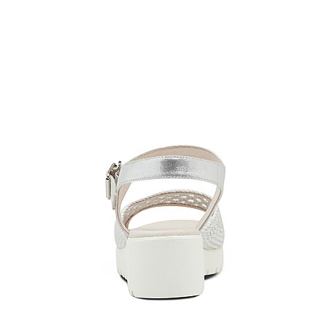 Hush Puppies/暇步士夏季专柜同款白/银色编织镂空坡跟简约女凉鞋HLK03BL7