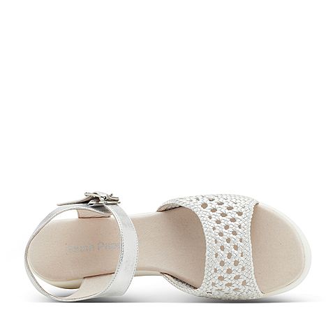 Hush Puppies/暇步士夏季专柜同款白/银色编织镂空坡跟简约女凉鞋HLK03BL7