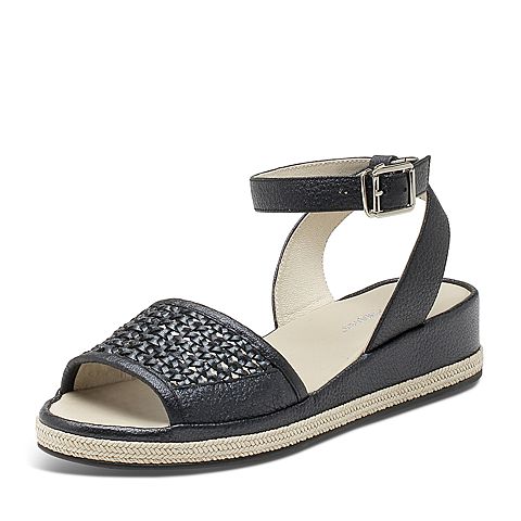 Hush Puppies/暇步士夏季专柜同款黑色人造革/羊皮编织镂空条带坡跟纯色舒适女凉鞋HKX05BL7