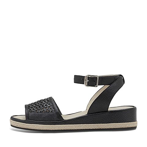 Hush Puppies/暇步士夏季专柜同款黑色人造革/羊皮编织镂空条带坡跟纯色舒适女凉鞋HKX05BL7