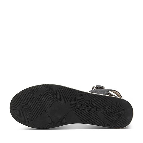 Hush Puppies/暇步士夏季专柜同款黑色人造革/羊皮编织镂空条带坡跟纯色舒适女凉鞋HKX05BL7