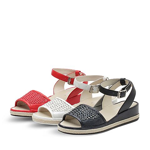 Hush Puppies/暇步士夏季专柜同款黑色人造革/羊皮编织镂空条带坡跟纯色舒适女凉鞋HKX05BL7