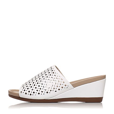 Hush Puppies/暇步士专柜同款夏季白色牛皮革坡跟女拖鞋HJU12BT7