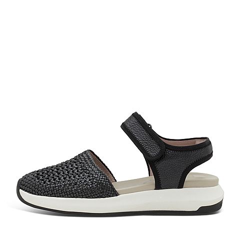 Hush Puppies/暇步士夏季专柜同款黑色人造革/羊皮编织镂空纯色坡跟女中空凉鞋HLM01BK7