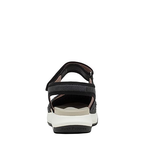 Hush Puppies/暇步士夏季专柜同款黑色人造革/羊皮编织镂空纯色坡跟女中空凉鞋HLM01BK7