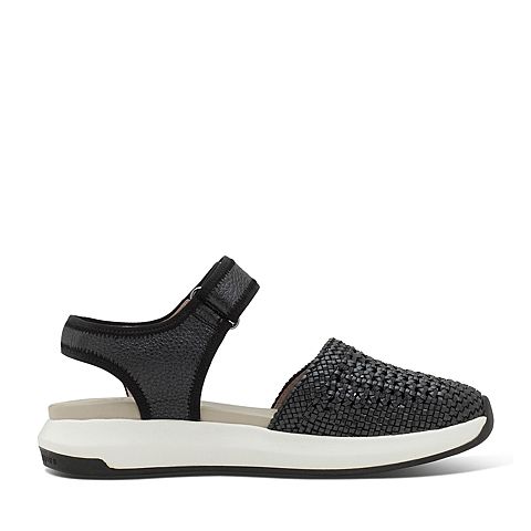 Hush Puppies/暇步士夏季专柜同款黑色人造革/羊皮编织镂空纯色坡跟女中空凉鞋HLM01BK7