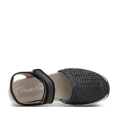 Hush Puppies/暇步士夏季专柜同款黑色人造革/羊皮编织镂空纯色坡跟女中空凉鞋HLM01BK7