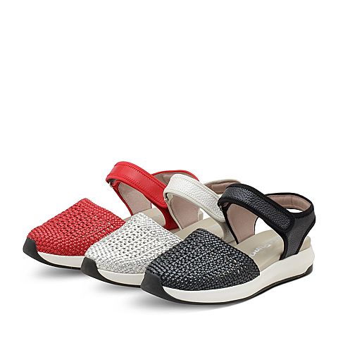 Hush Puppies/暇步士夏季专柜同款黑色人造革/羊皮编织镂空纯色坡跟女中空凉鞋HLM01BK7