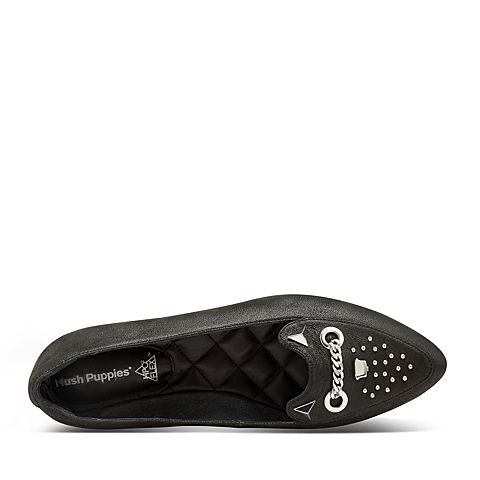 Hush Puppies/暇步士秋季新款专柜同款黑色羊皮革铆钉平跟女休闲鞋浅口单鞋HKF14CQ7