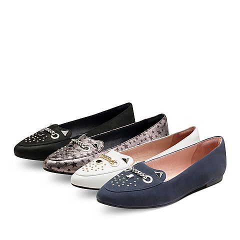 Hush Puppies/暇步士秋季新款专柜同款黑色羊皮革铆钉平跟女休闲鞋浅口单鞋HKF14CQ7