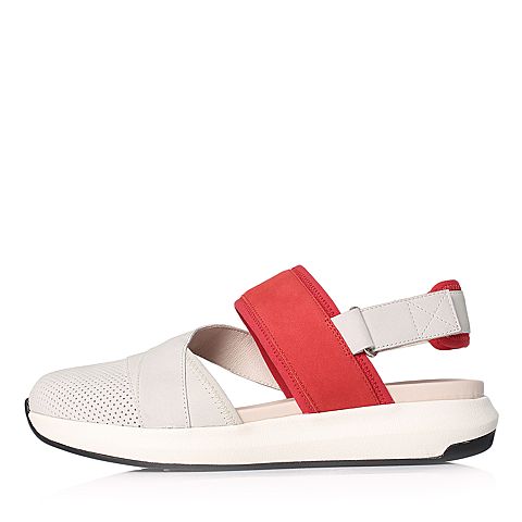 Hush Puppies/暇步士2018夏季专柜同款米白色牛皮革拼色坡跟女皮凉鞋HLM03BL8