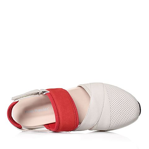 Hush Puppies/暇步士2018夏季专柜同款米白色牛皮革拼色坡跟女皮凉鞋HLM03BL8