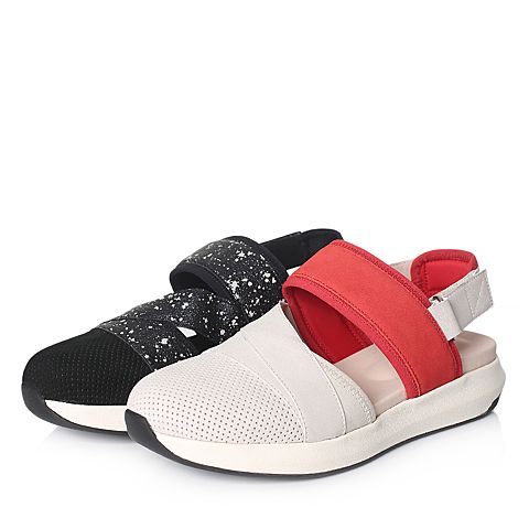 Hush Puppies/暇步士2018夏季专柜同款米白色牛皮革拼色坡跟女皮凉鞋HLM03BL8