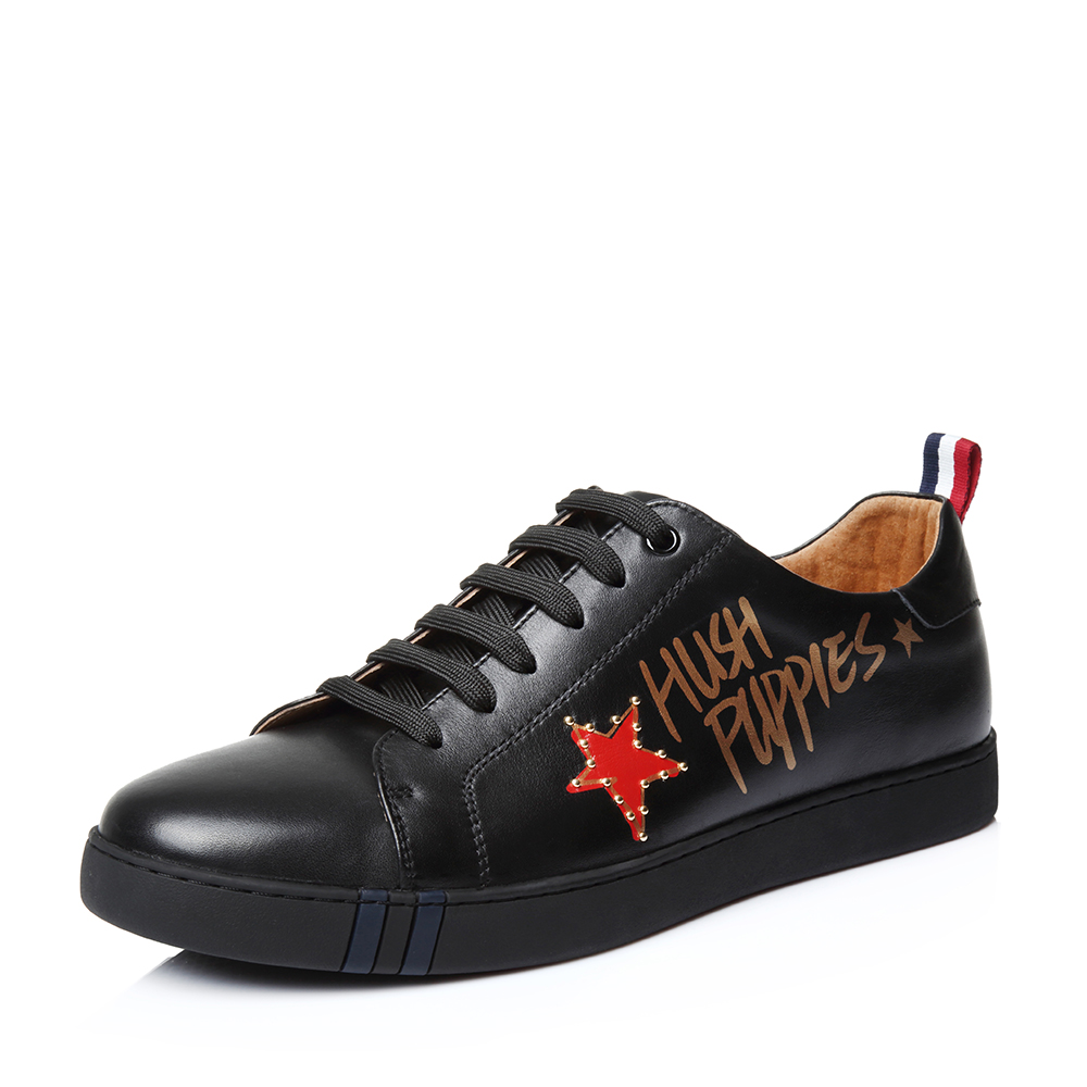 Hush Puppies/暇步士2018春季新款专柜同款黑色牛皮男士休闲鞋板鞋C1B05AM8