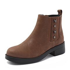 Hush Puppies/暇步士2018冬新款专柜同款啡色牛皮革休闲女短靴N1D07DD8