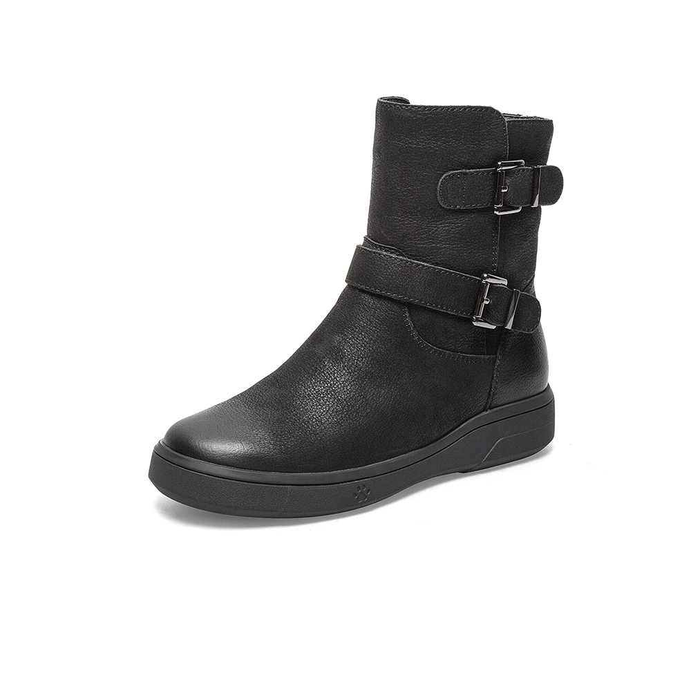 暇步士2021冬新款牛皮革复古皮带扣女时装靴中靴D3E01DD1