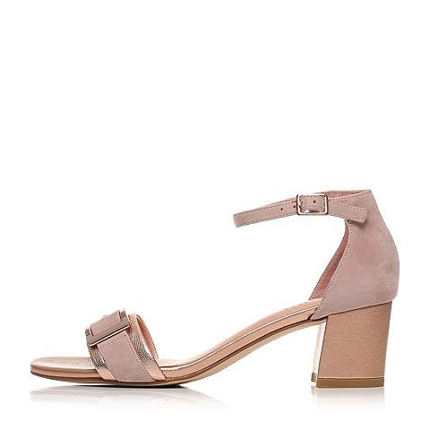 JoyPeace真美诗夏季专柜同款粉色羊绒皮圆头包跟女粗跟凉鞋ZT110BL7