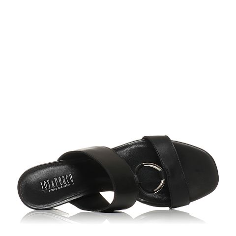 JoyPeace真美诗夏季专柜同款黑色时尚耳环扣牛皮粗跟女凉鞋ZT111BL7