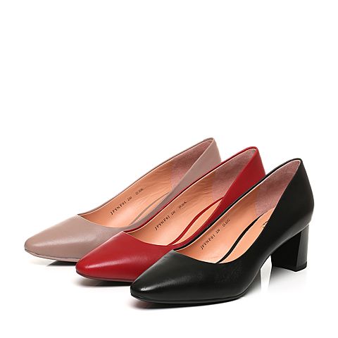 Joy&Peace/真美诗秋季专柜同款黑色羊皮粗跟高跟简约通勤女单鞋YNP01CQ7