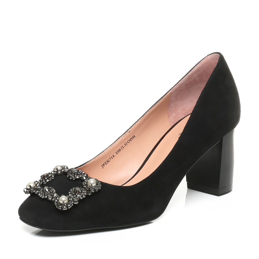 Joy&Peace真美诗秋季专柜同款黑色羊绒皮方扣粗跟高跟女单鞋ZK714CQ7