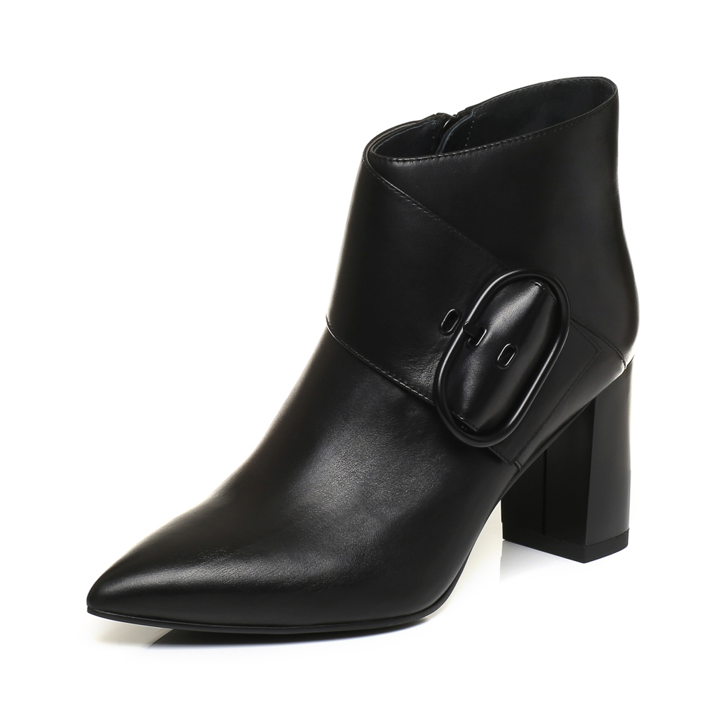 JoyPeace真美诗冬季专柜同款黑色牛皮靴子粗跟高跟短靴尖头女靴ZB771DD7