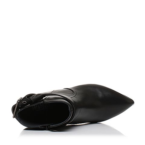 Joy&Peace/真美诗冬季专柜同款黑色牛皮女靴子细跟高跟尖头短靴ZN341DD7