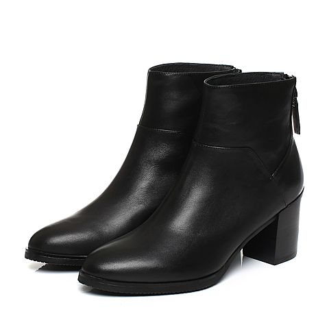 JoyPeace真美诗冬季专柜同款黑色牛皮女皮靴粗跟高跟后拉链短靴YNY23DD7