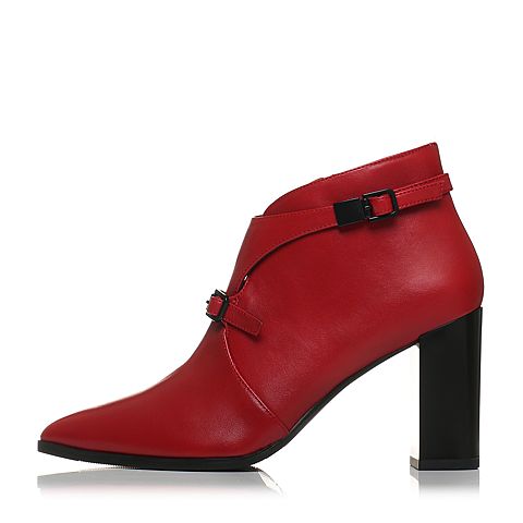 Joy&Peace/真美诗冬季专柜同款大红色牛皮女皮靴粗跟尖头小短靴ZB754DD7