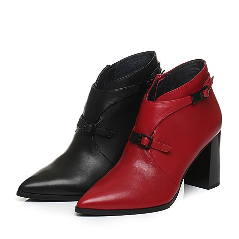 Joy&Peace/真美诗冬季专柜同款大红色牛皮女皮靴粗跟尖头小短靴ZB754DD7