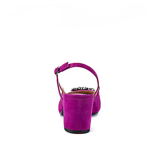 Joy&Peace/真美诗春季专柜同款紫色羊绒皮粗跟一字带后空凉鞋女YOL01AH8