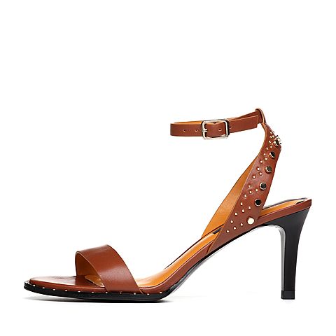 Joy&Peace/真美诗夏季专柜同款牛皮革铆钉细跟高跟一字带女凉鞋ZCZ01BL8