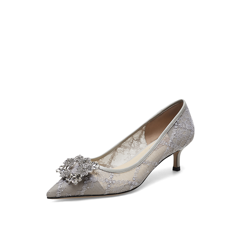 真美诗2023春季新款商场同款闪耀水钻蕾丝细跟浅口单鞋98396AQ3