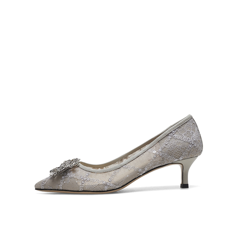 真美诗2023春季新款商场同款闪耀水钻蕾丝细跟浅口单鞋98396AQ3