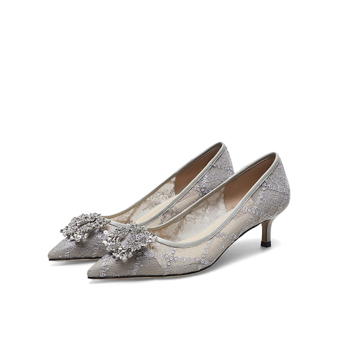 真美诗2023春季新款商场同款闪耀水钻蕾丝细跟浅口单鞋98396AQ3