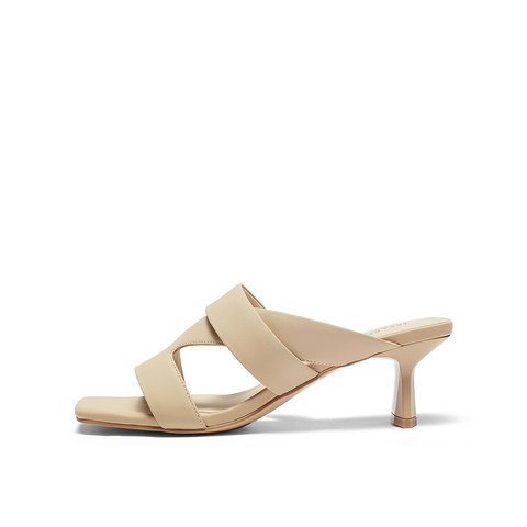 真美诗2023夏季新款时尚百搭舒适羊皮女高跟凉拖凉鞋拖鞋37077BT3