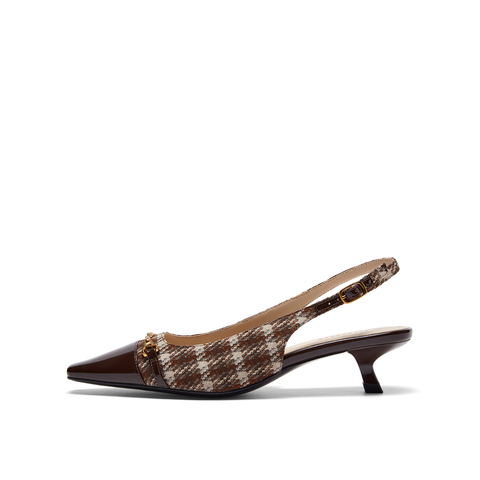 真美诗2023秋季新款商场同款拼接格纹复古英伦后空凉鞋YVX09CH3