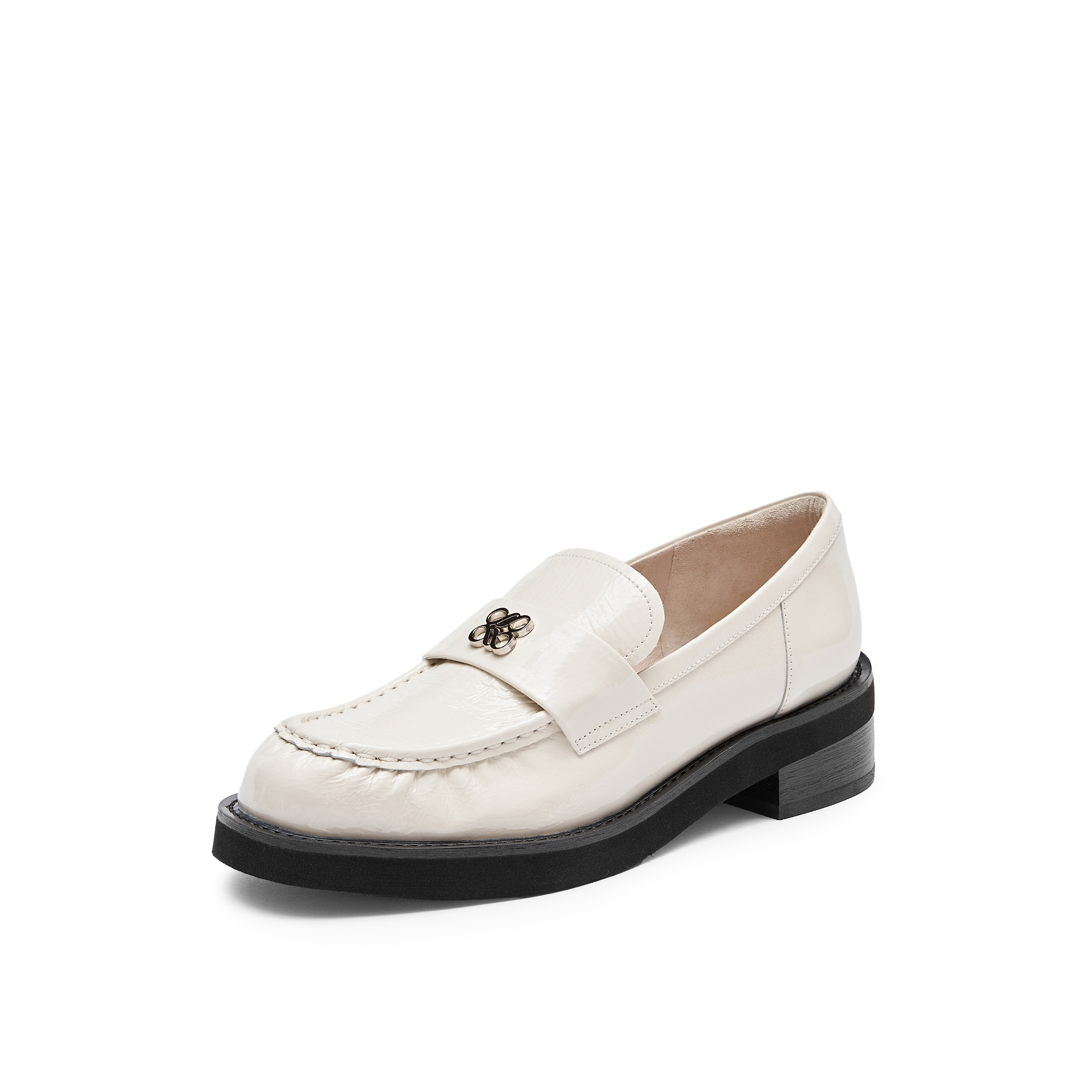 真美诗2024年春季新款牛皮粗跟褶皱乐福鞋YQB85AA4