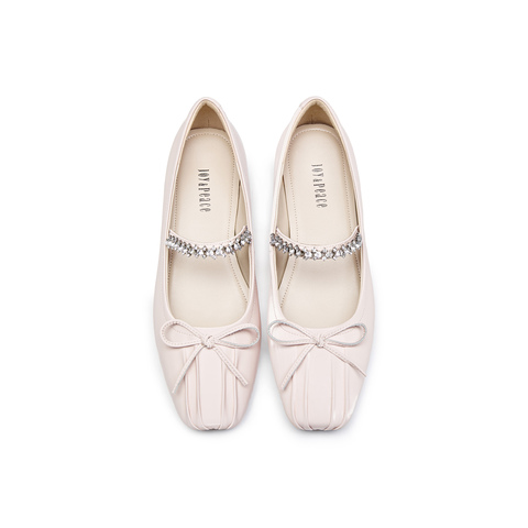 真美诗2024秋季新款蝴蝶结水钻一字带芭蕾鞋女51035CQ4