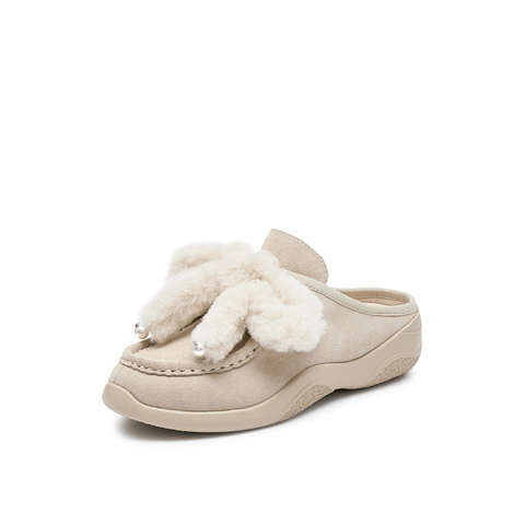 真美诗2024秋季新款毛绒蝴蝶结厚底一脚蹬包头拖23228CH4