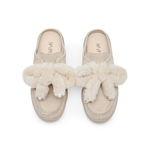 真美诗2024秋季新款毛绒蝴蝶结厚底一脚蹬包头拖23228CH4