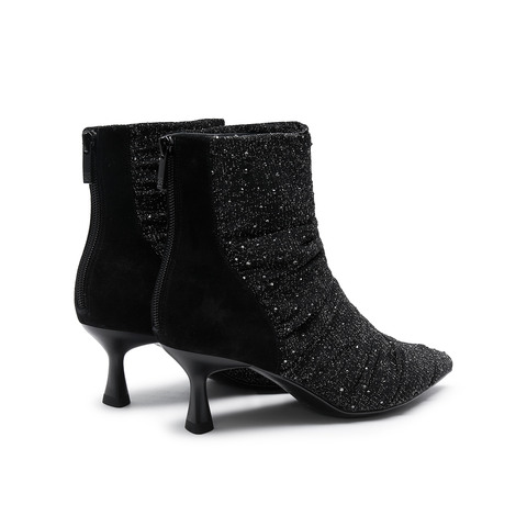 真美诗2024冬季新款烫钻纱面高跟尖头时装靴YVA34DD4