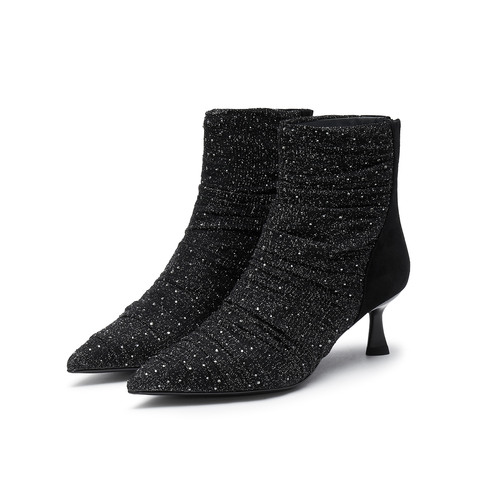 真美诗2024冬季新款烫钻纱面高跟尖头时装靴YVA34DD4