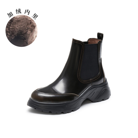真美诗2024冬季新款光泽牛皮经典运动风厚底切尔西靴女YYM21DD4
