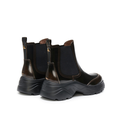 真美诗2024冬季新款光泽牛皮经典运动风厚底切尔西靴女YYM21DD4